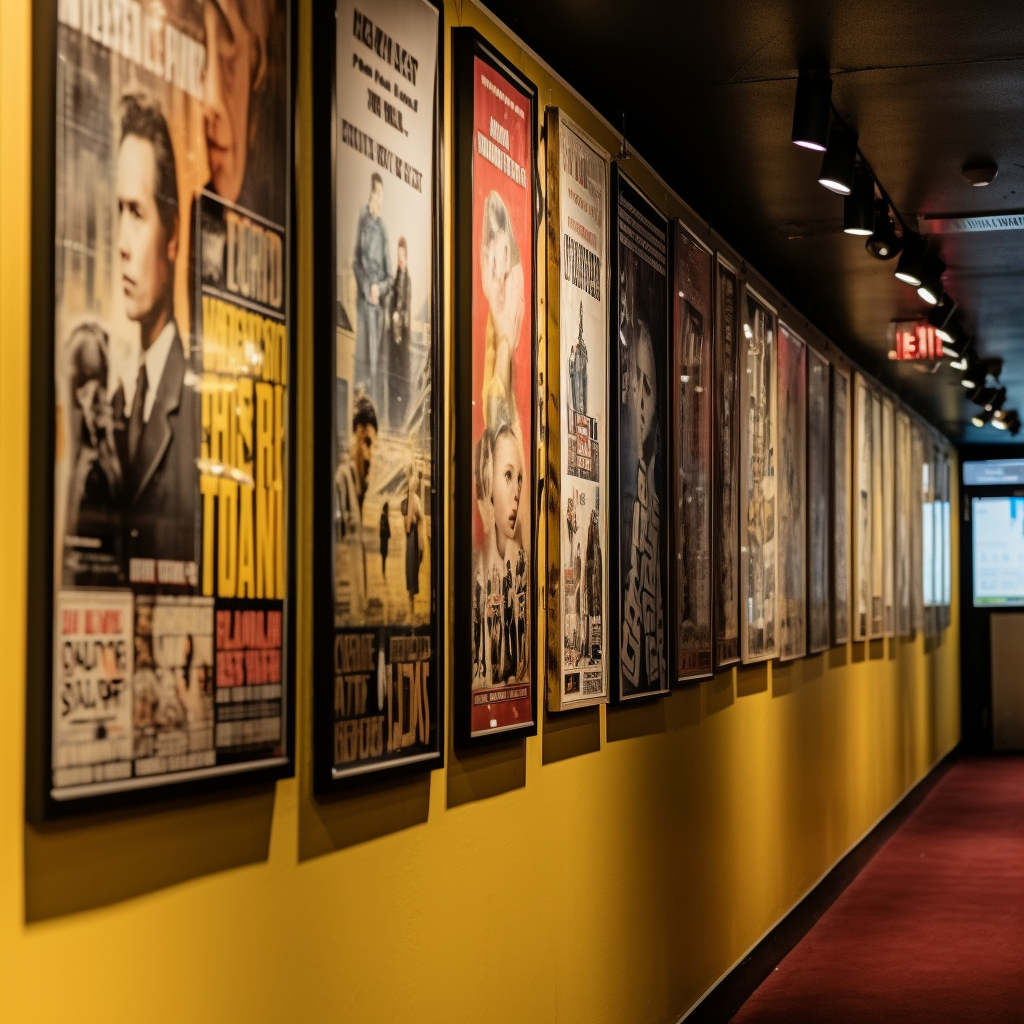 A wall of AI-generated vintage movie posters on the wall at a theatre.